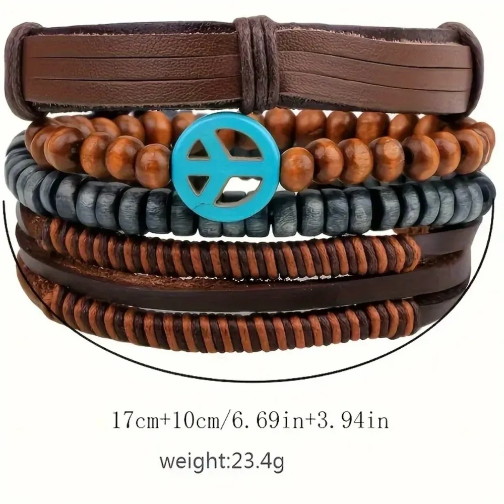 4pc Multi-layer Cool Bracelet,‎ Unisex Wooden Beads PU Leather Braided Bracelet